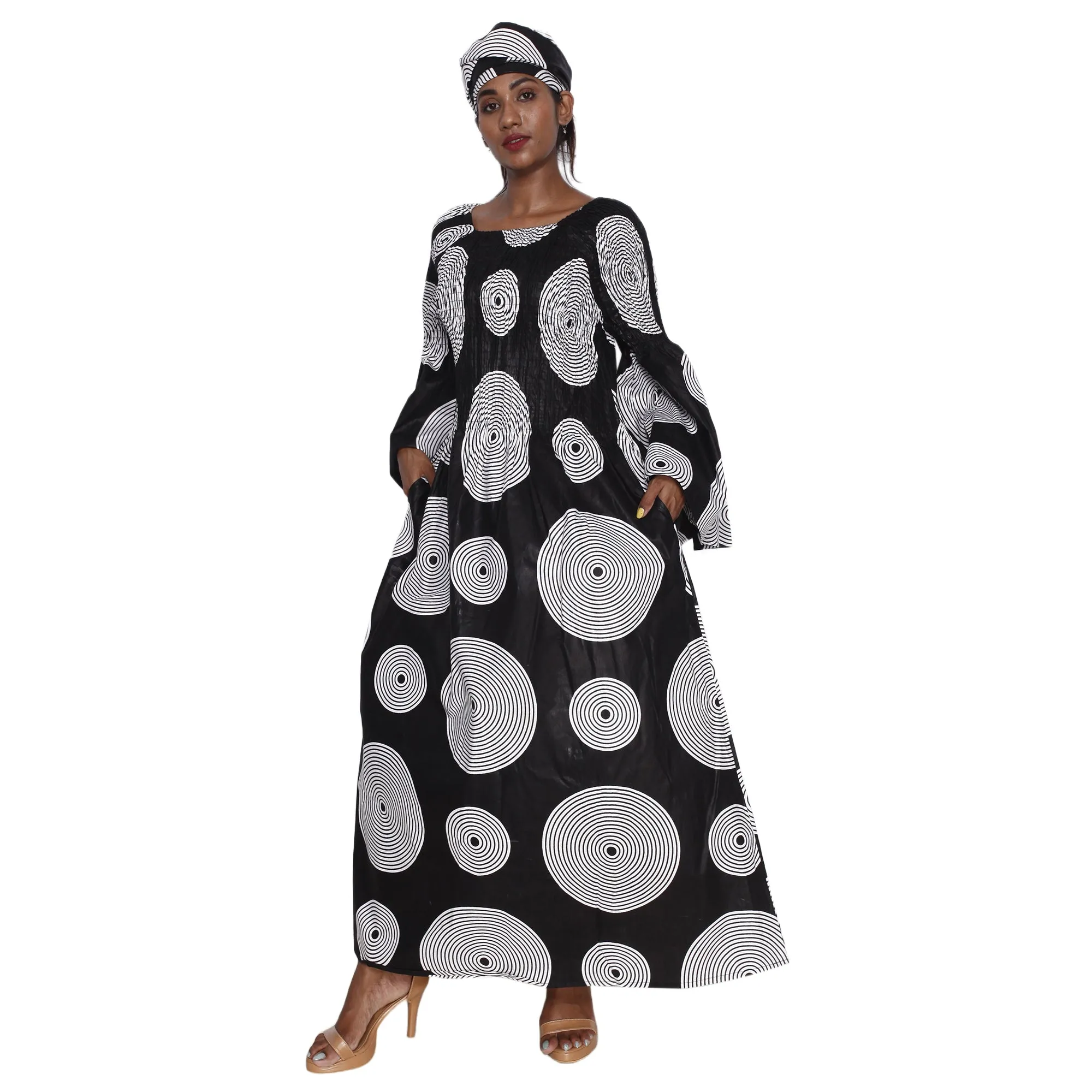 Women's Long Bell Sleeve Smocking Maxi Dress -- FI-50072