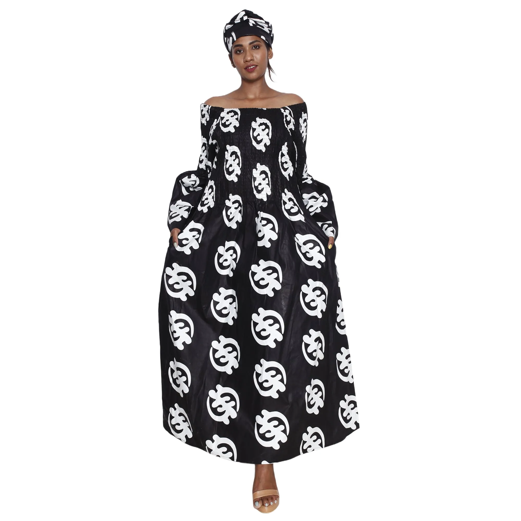Women's Long Bell Sleeve Smocking Maxi Dress -- FI-50072