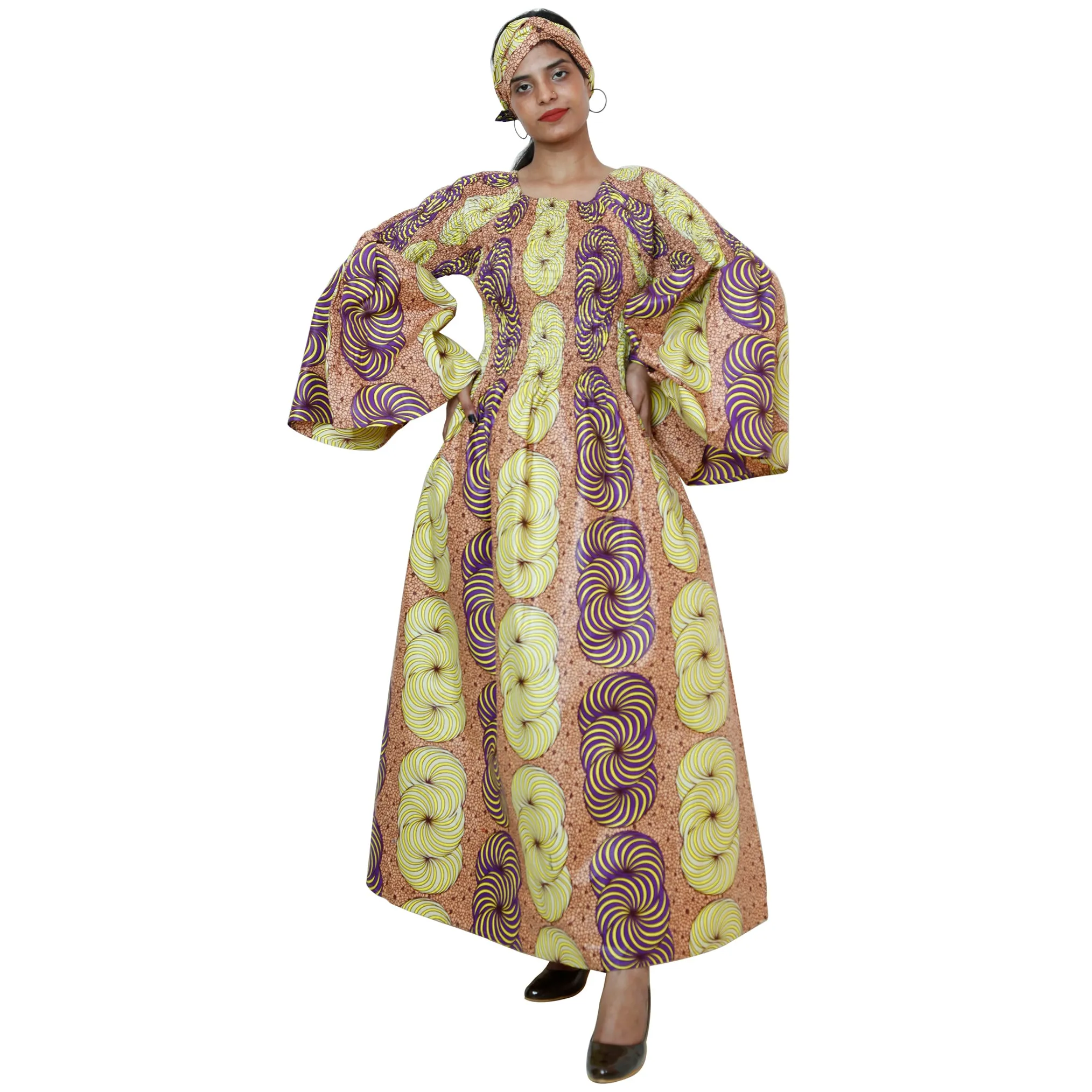 Women's Long Bell Sleeve Smocking Maxi Dress -- FI-50072