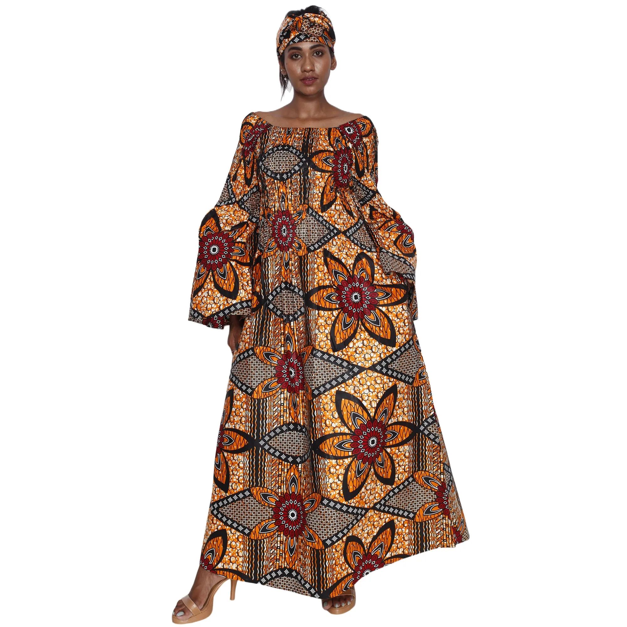 Women's Long Bell Sleeve Smocking Maxi Dress -- FI-50072